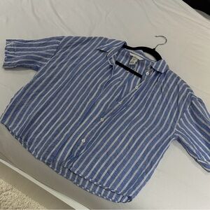 H&M Linen Blue and White Striped Button Down Tee Shirt